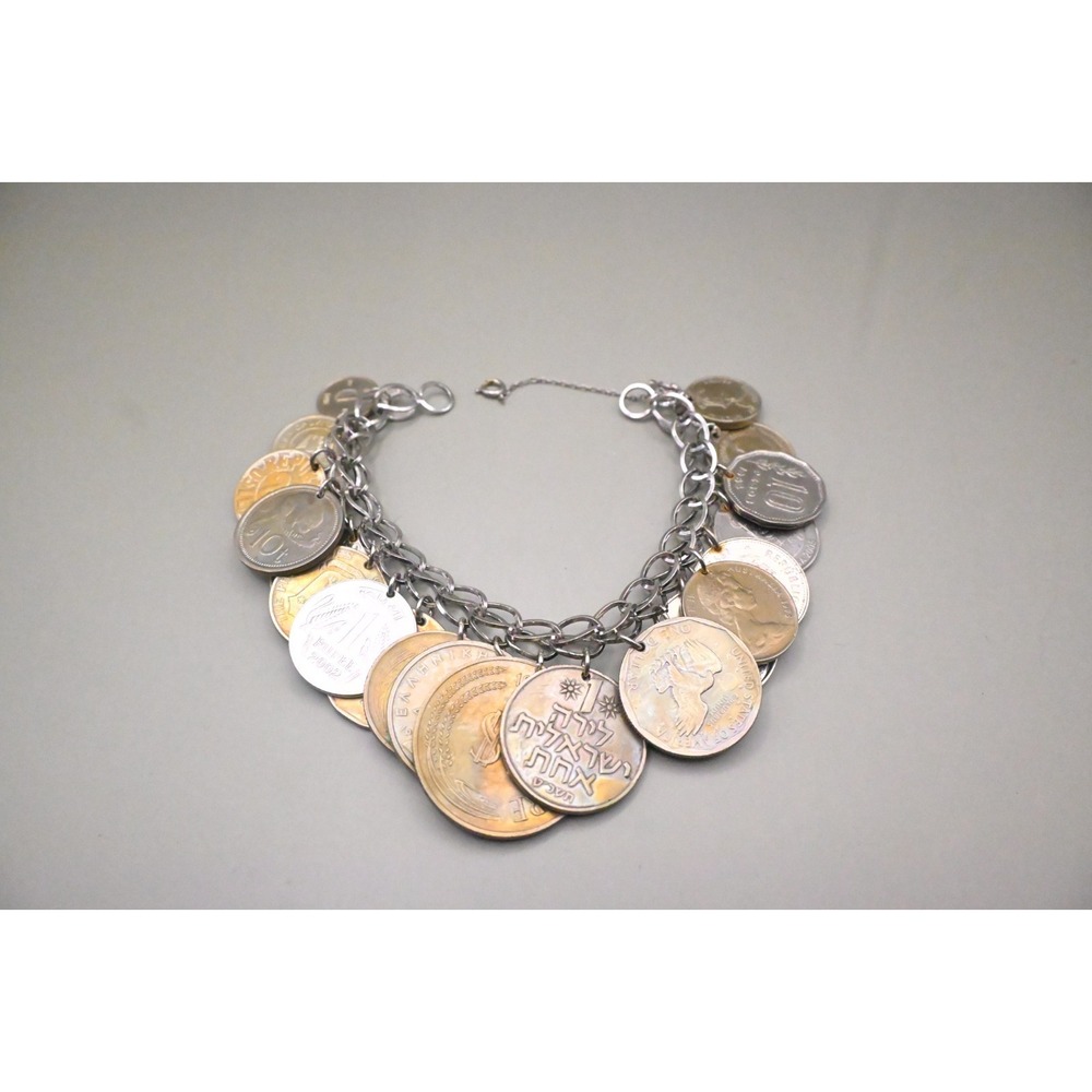 Vintage World Coin Charm Bracelet 925 Sterling Silver Double Chain Heavy 150g 8"
